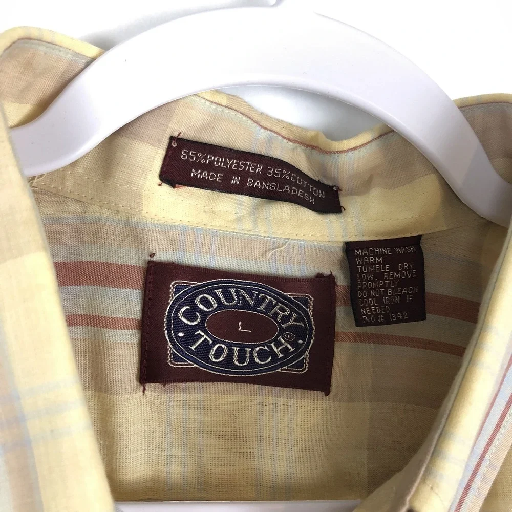 Mens Button up Size Large Short‎ Sleeve Plaid Stripes Country Touch